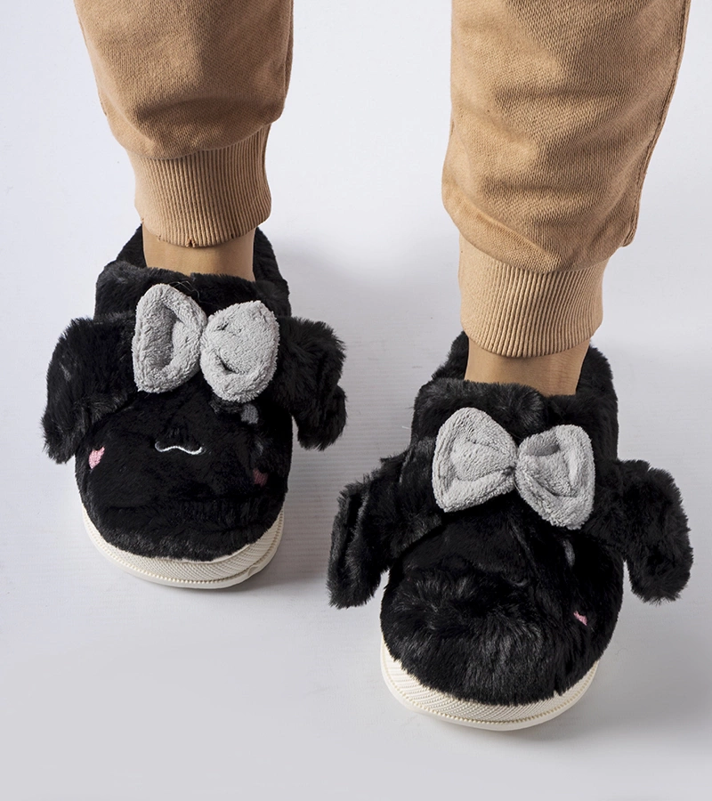 Čierne teplé papuče s ušami a mašličkou Gilda