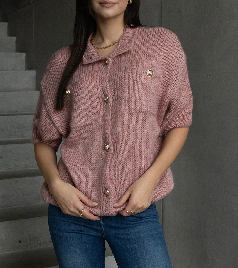 Dámsky ružový sveter s krátkym rukávom ozdobné gombíky Shela