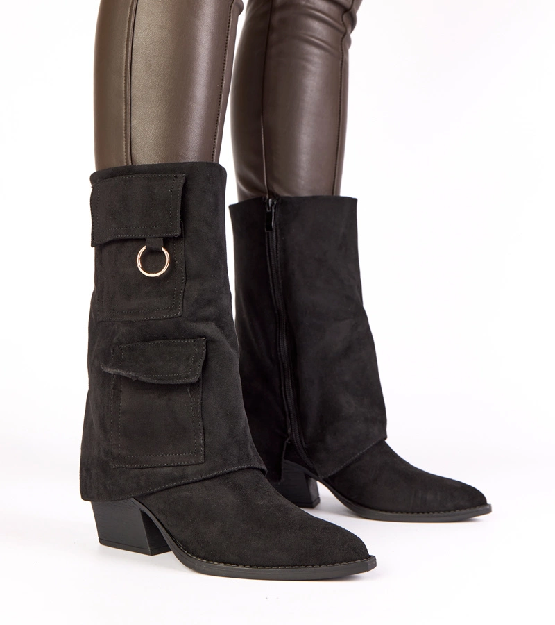 Čierne členkové čižmy na podpätku s vreckami Nadiia