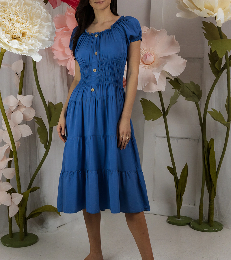 Modré midi šaty s krátkym rukávom Marisla