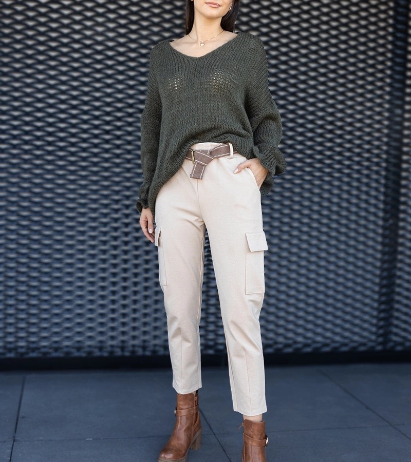 Bežové nohavice typu cargo s našitými vreckami Nuala.