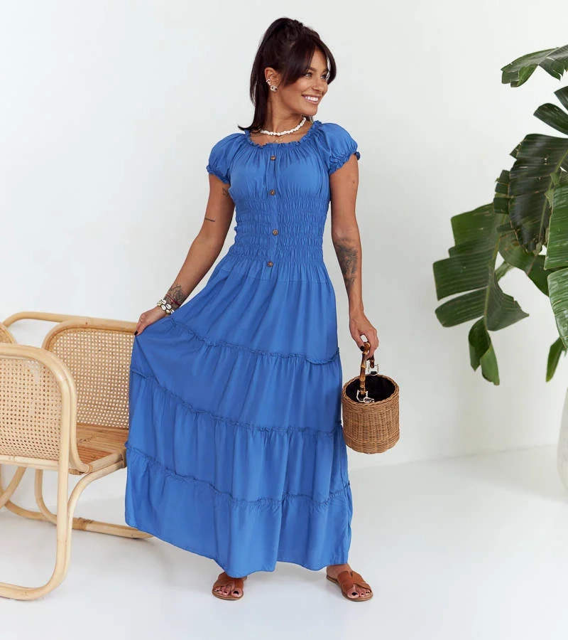 Modré maxi šaty so záhybmi Elenna