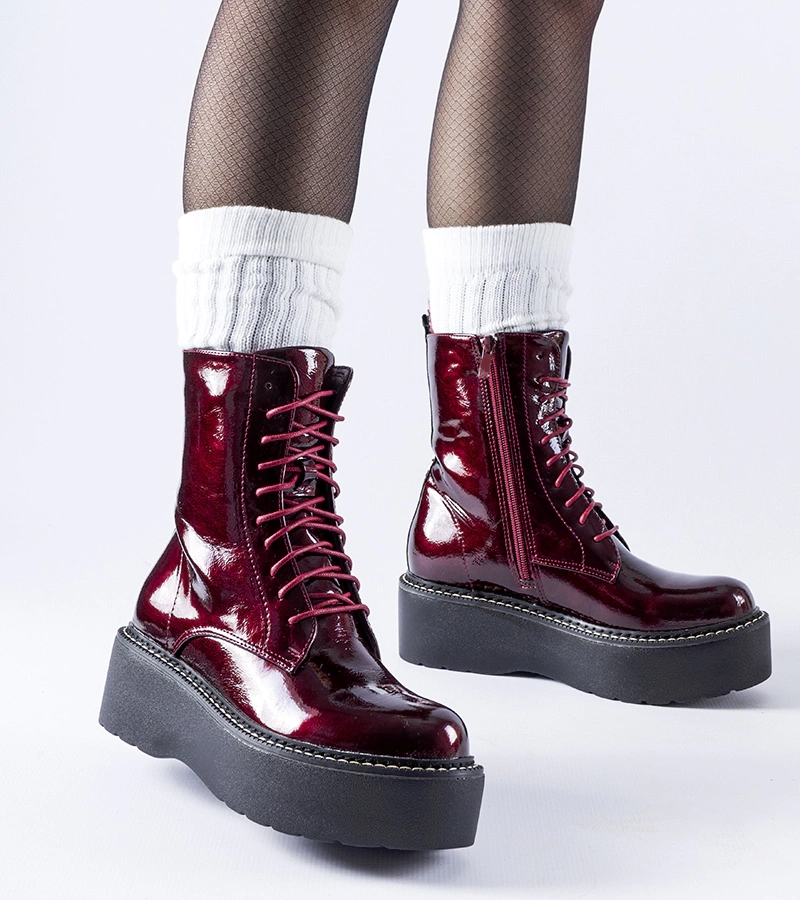 Bordové lakované pracovné topánky na platforme Leos