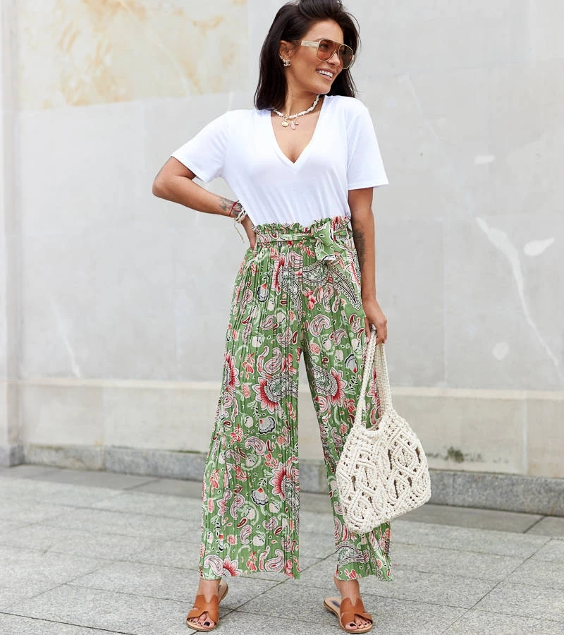 Zelené dámske široké plisované nohavice Sanaa