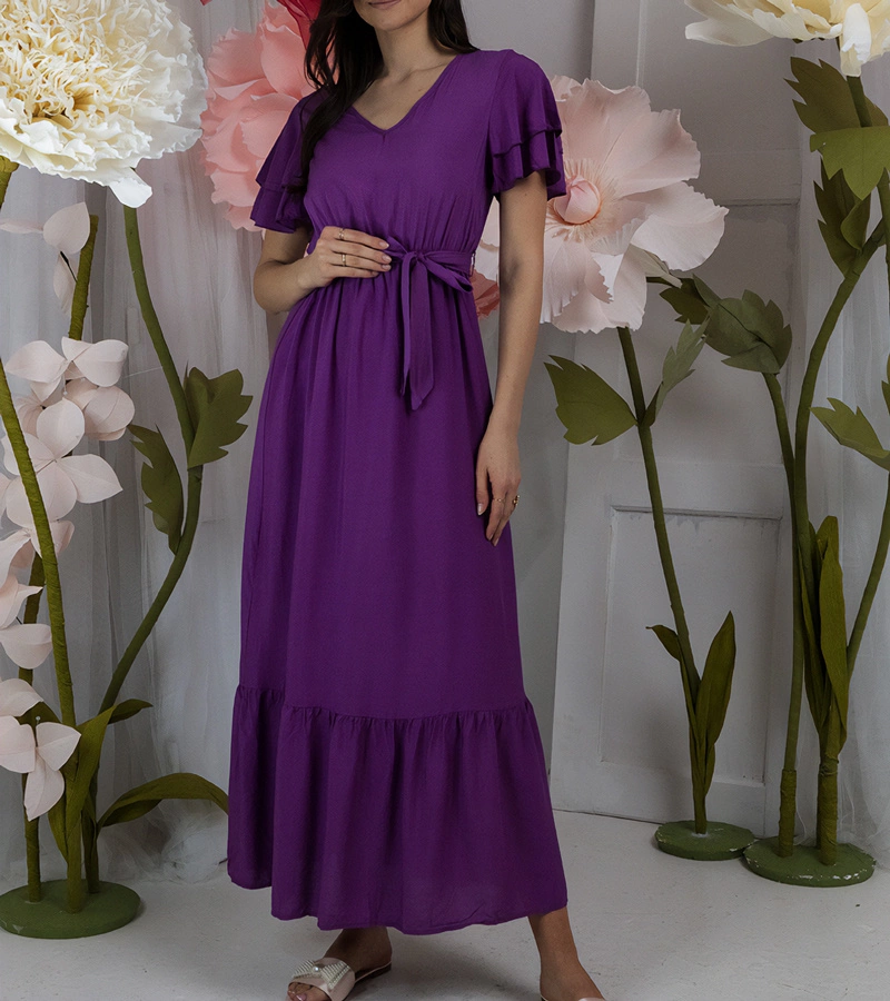 Fialové maxi šaty s krátkym rukávom Akina