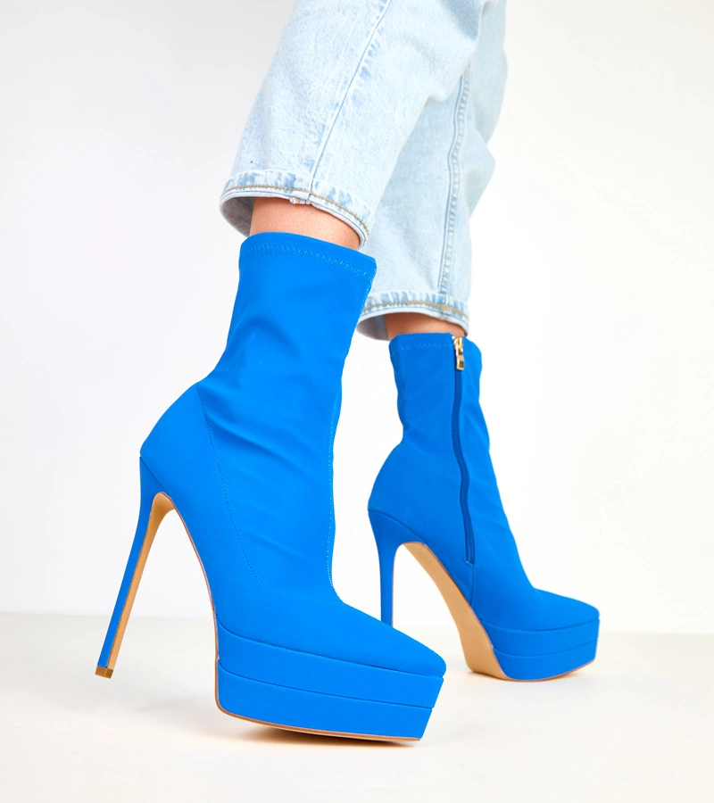 Modré saténové členkové čižmy na ihličkách s platformou Ramla
