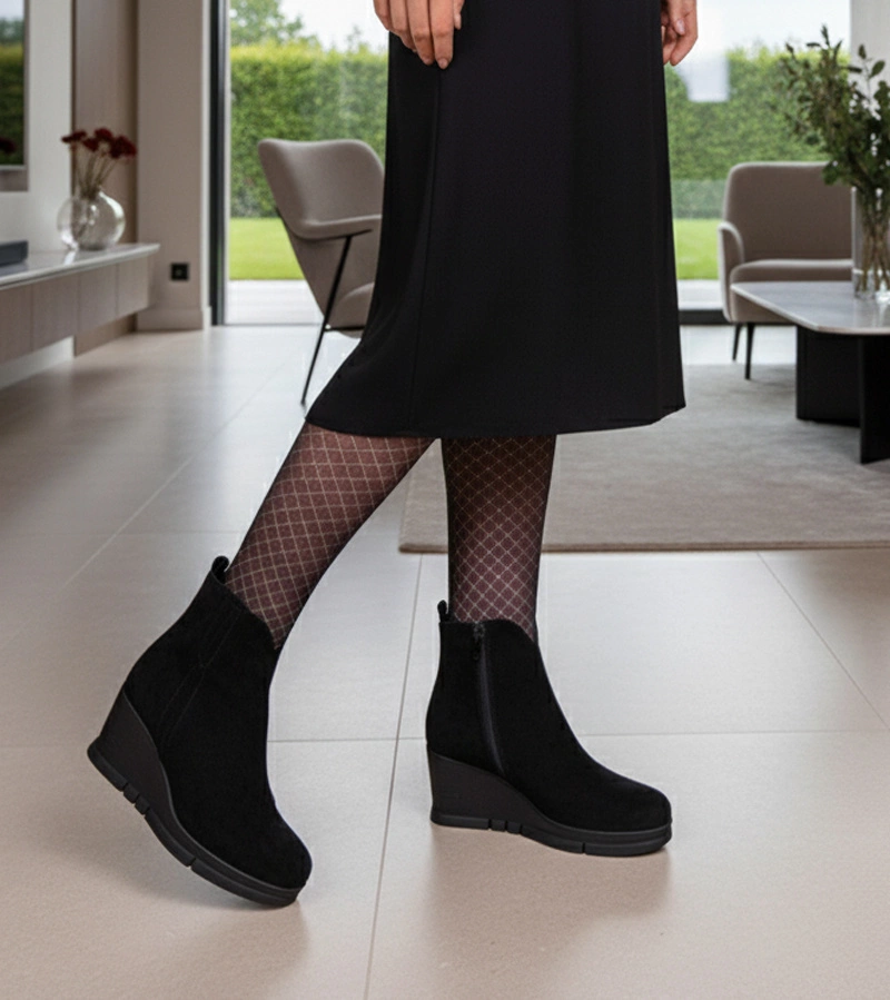 Čierne kotníkové topánky na klinovom podpätku z eko semišu Adala