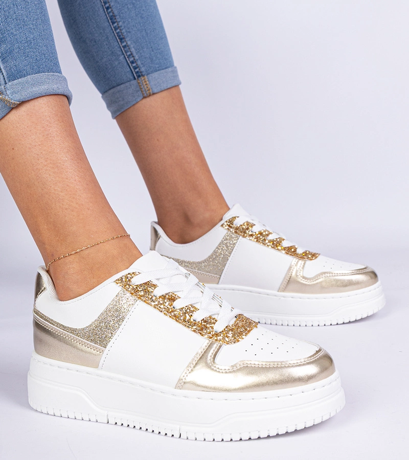 Zlaté dámske tenisky na hrubej podrážke zdobené glitrami Dolla