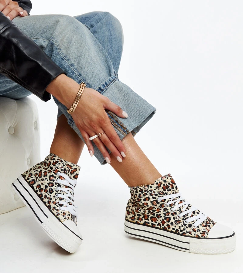 Vysoké tenisky s leopardím vzorom na hrubom podrážke Bagy