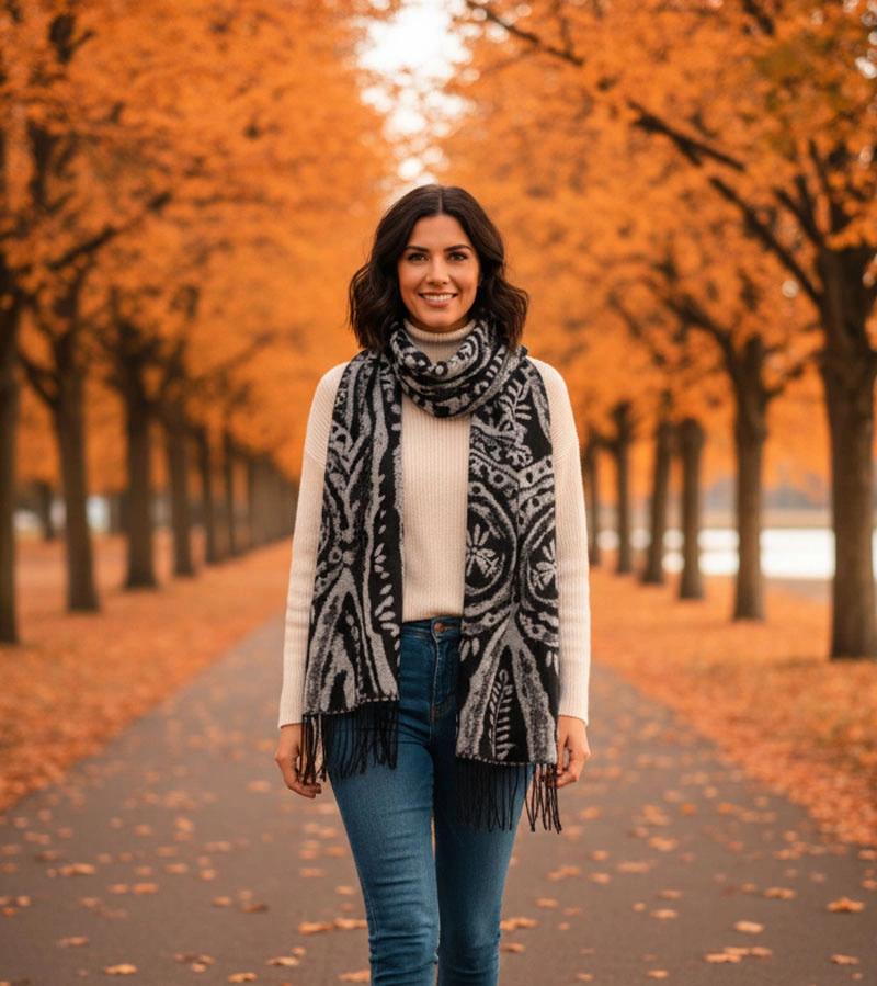 Čierno-biely šál s kvetmi Colonie