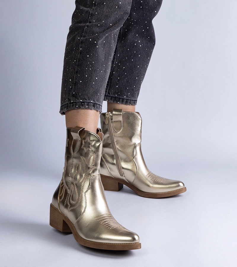 Zlaté dámske členkové kovbojské čižmy na podpätku metalické Madeira