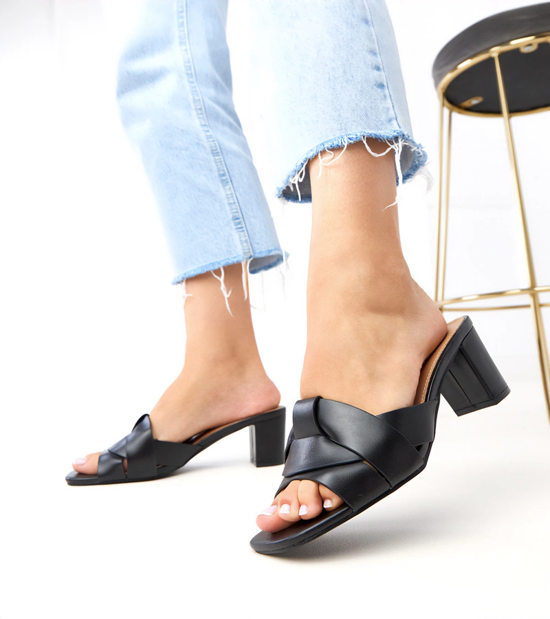 Čierne klasické šľapky na podpätku z eko kože Risana