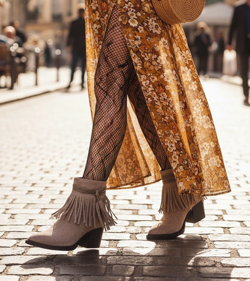 Tmavobéžové členkové topánky na podpätku zdobené strapcami Mulan