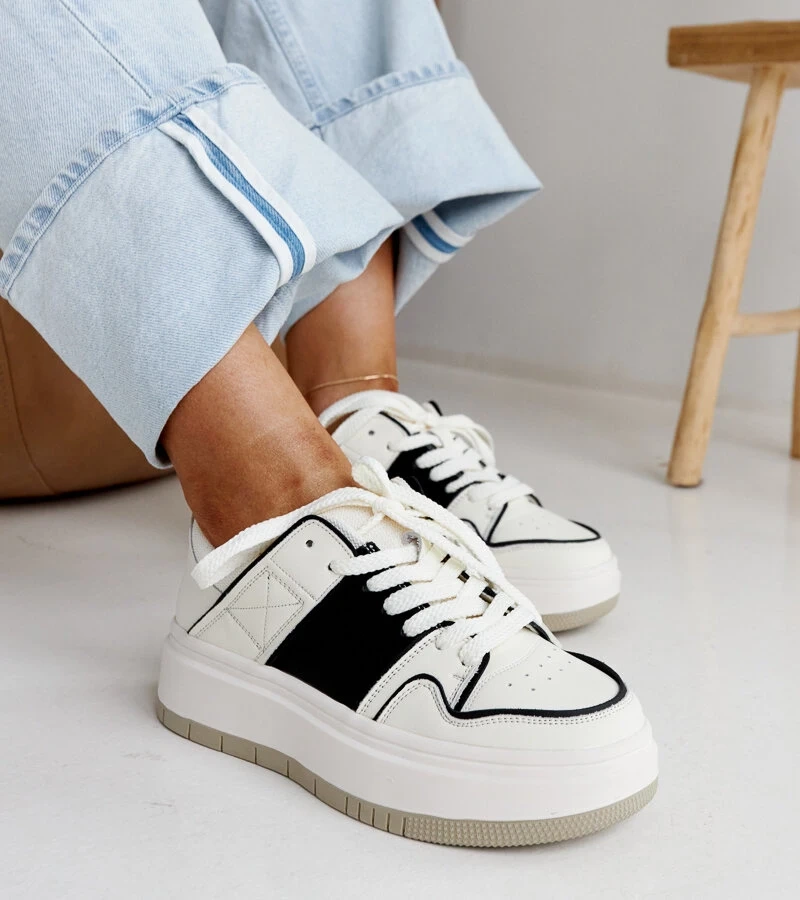 Biela a čierna kožená tenisky na hrubom podrážke Abrar