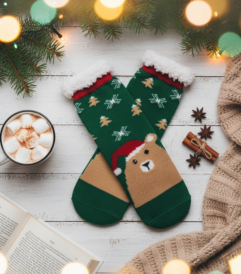 Zelené zateplené ponožky s medvedíkom Challi