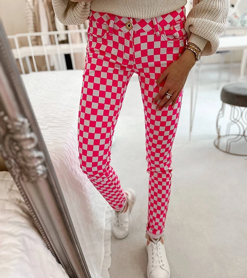 Ružové nohavice z kockovanej látky Bler