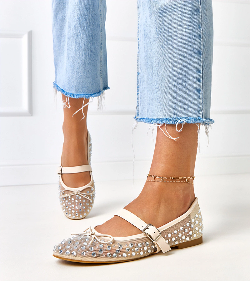 Béžové sieťované baleríny s kryštálikmi Elasida