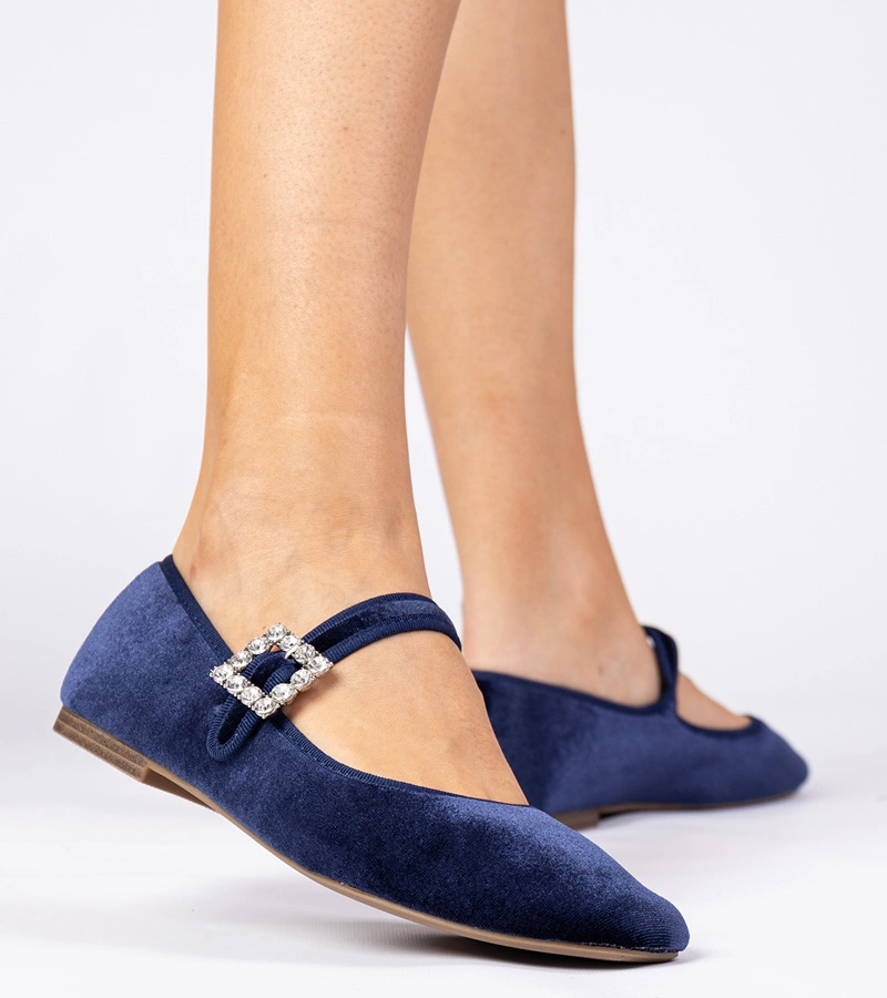 Tmavomodré dámske velúrové balerínky s prackou Kvitta