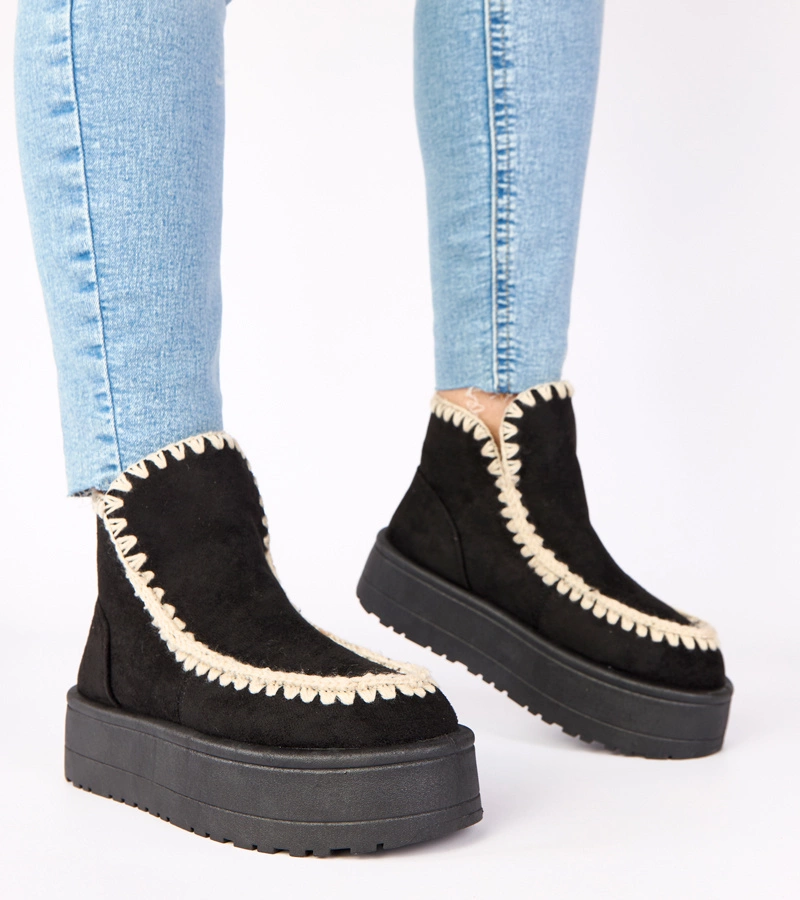 Čierne snehule na platforme s ozdobnou výšivkou Alwena