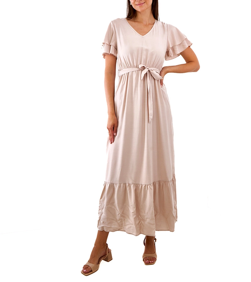 Bežové maxi šaty s krátkym rukávom Akina