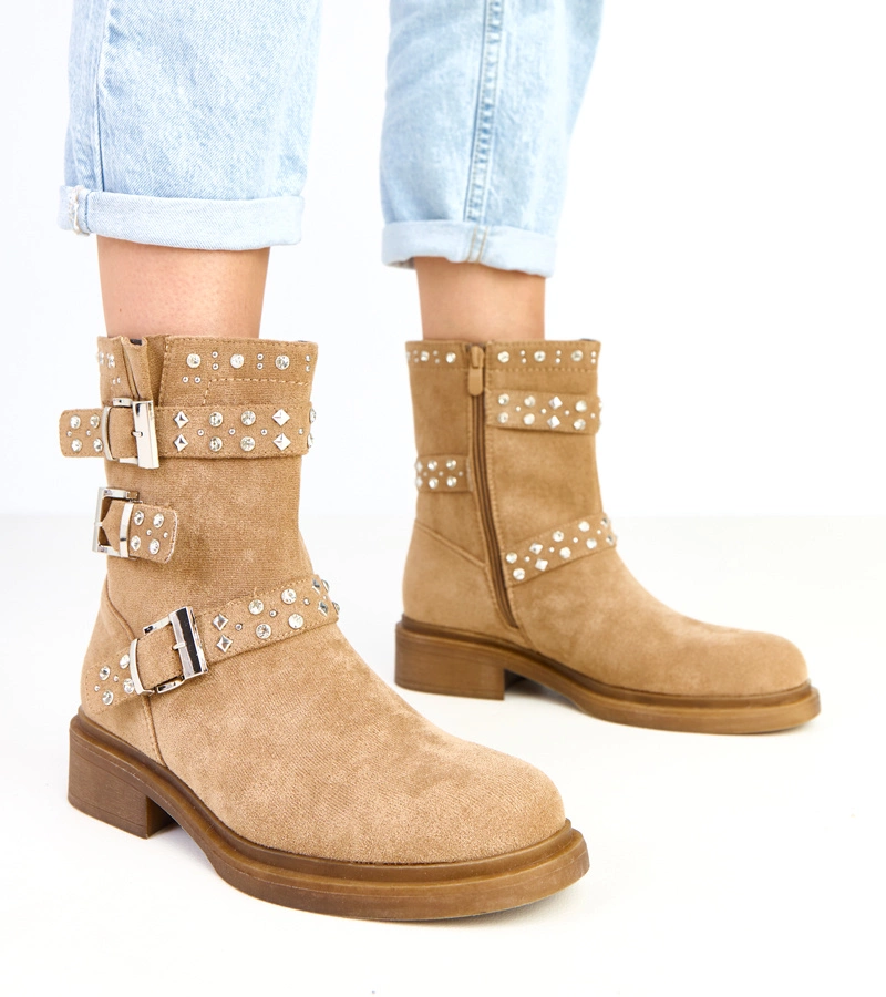 Hnedé členkové topánky so zirkónmi na nízkom opätku Brosca