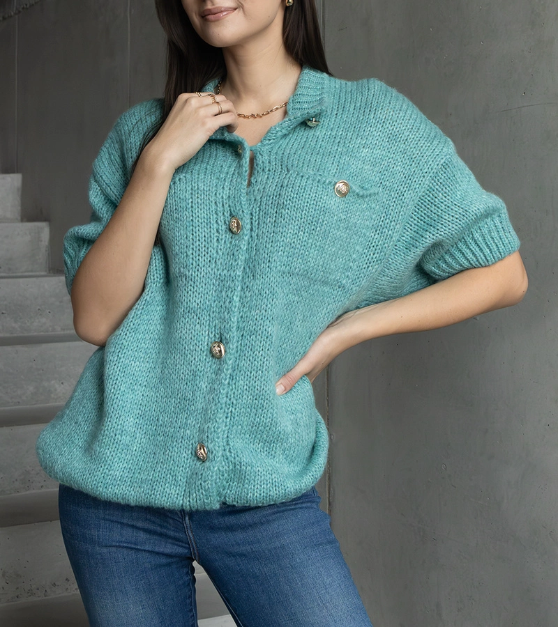 Dámsky mätový sveter s krátkym rukávom ozdobné gombíky