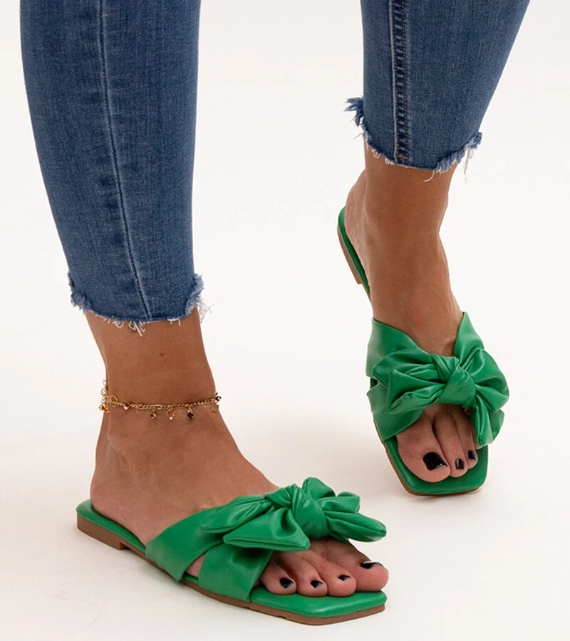 Zelené šľapky s dekoratívnou mašľou Uwansa