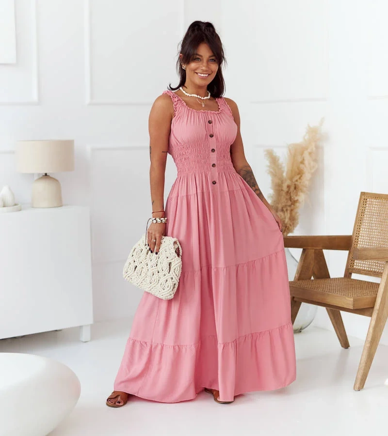 Ružové maxi šaty bez ramienok Hildi