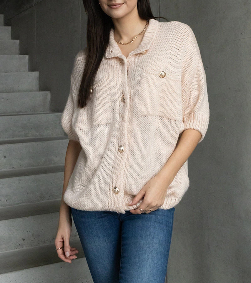 Dámsky ružový sveter s krátkym rukávom ozdobné gombíky Shela