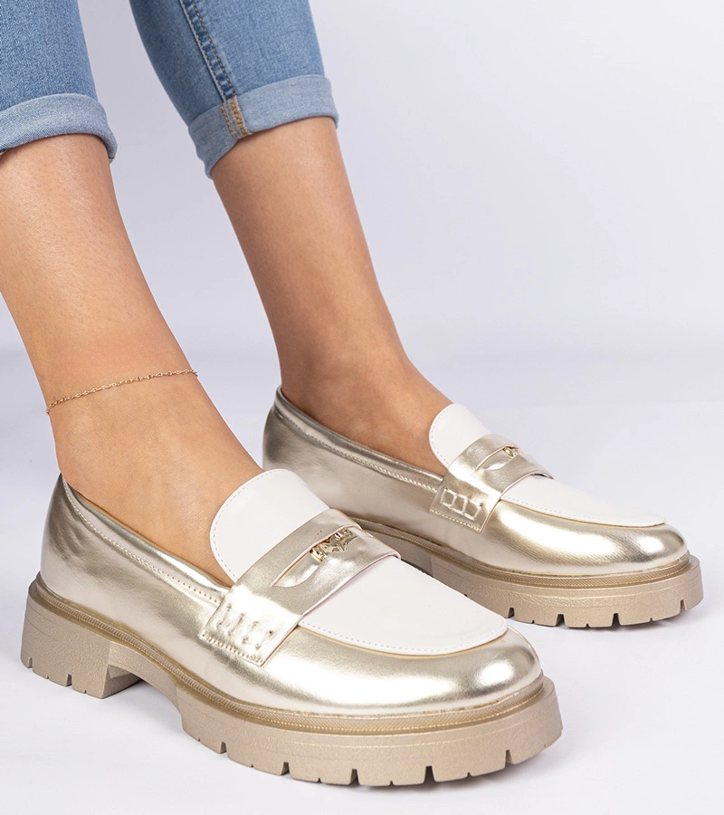 Zlaté dámske mokasíny s bielou vsadkou Sugetti