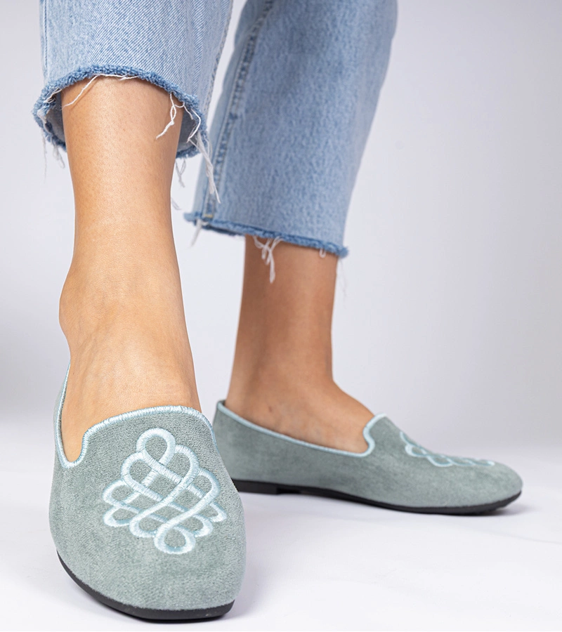 Zelené dámske balerínky z ekosemišu s výšivkou Ronna
