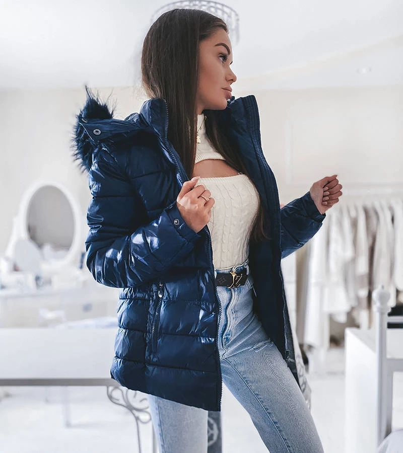 Námornícka modrá bunda s kožušinovou kapucňou Poisson