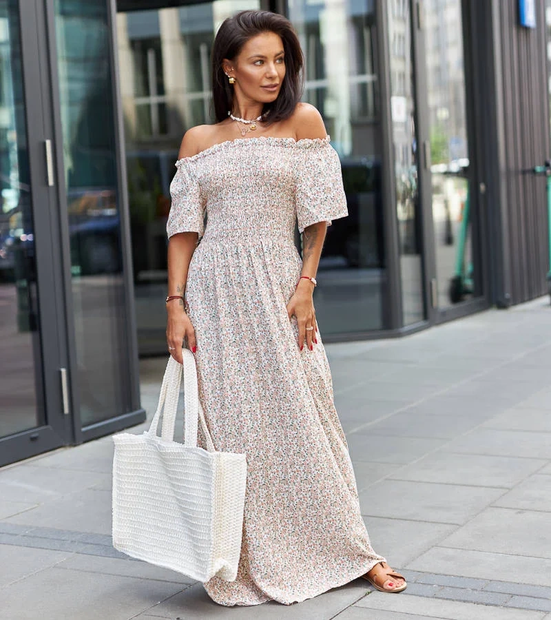 Béžové kvetinové maxi šaty od Ilario