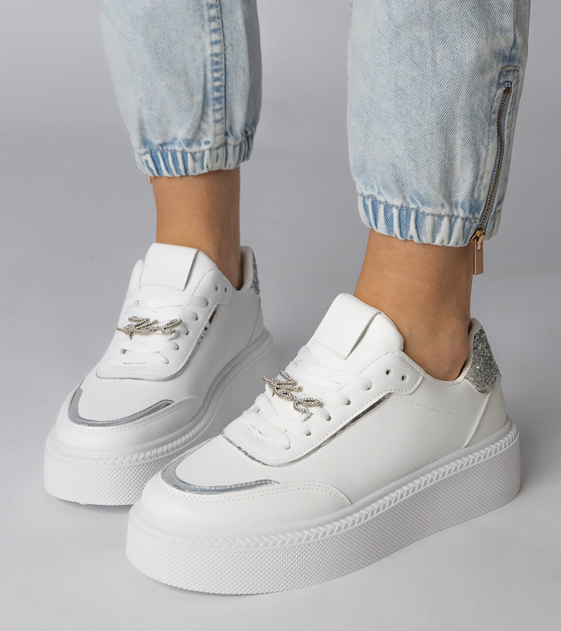 Bielo-strieborné tenisky zdobené glitrami a kryštálikmi Felura