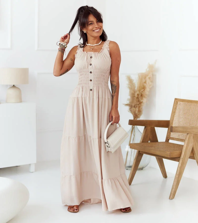 Béžové maxi šaty bez ramienok značky Hildi