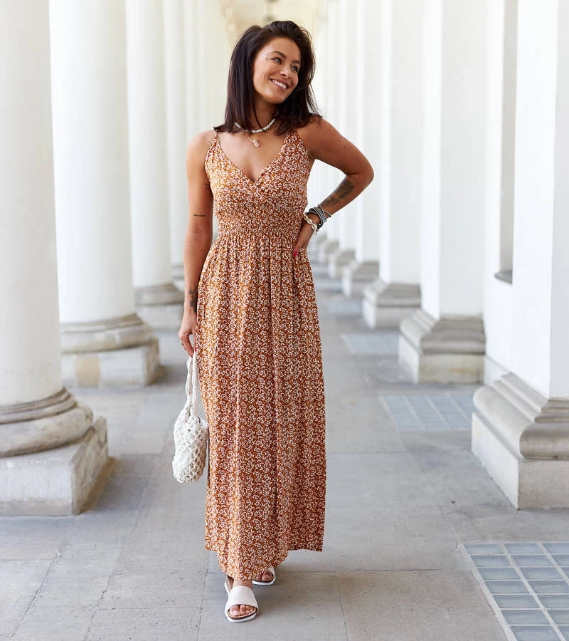 Esperia oranžové kvetinové maxi šaty