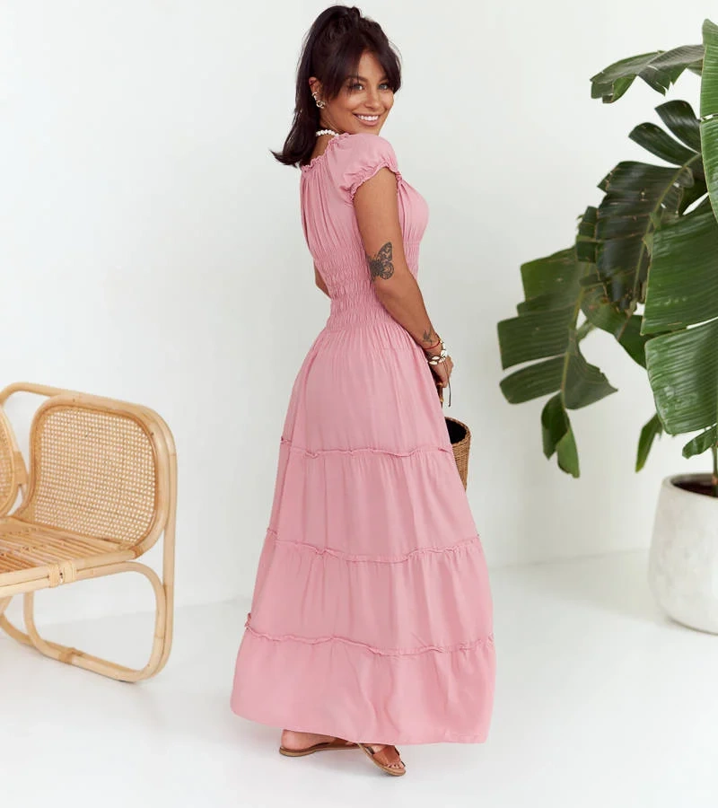 Ružové maxi šaty so záhybmi Elenna