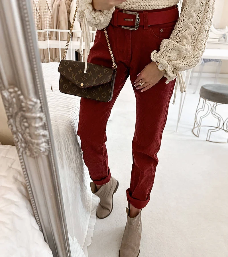 Červené nohavice s opaskom Pelchat