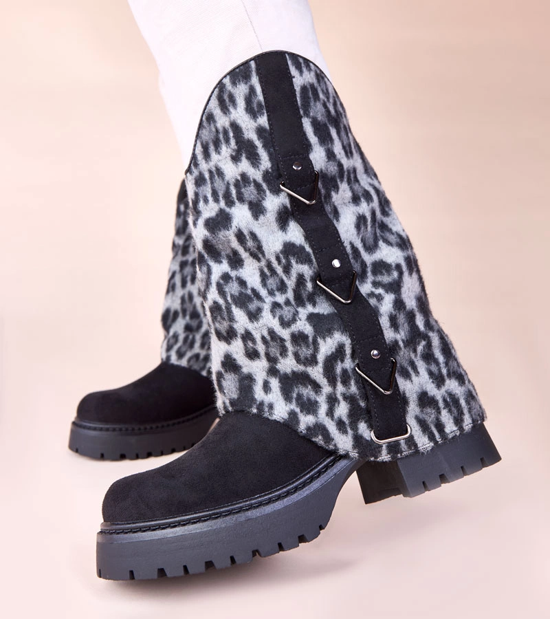 Čierne členkové čižmy s leopardovým ohrnutým zvrškom Kaylia