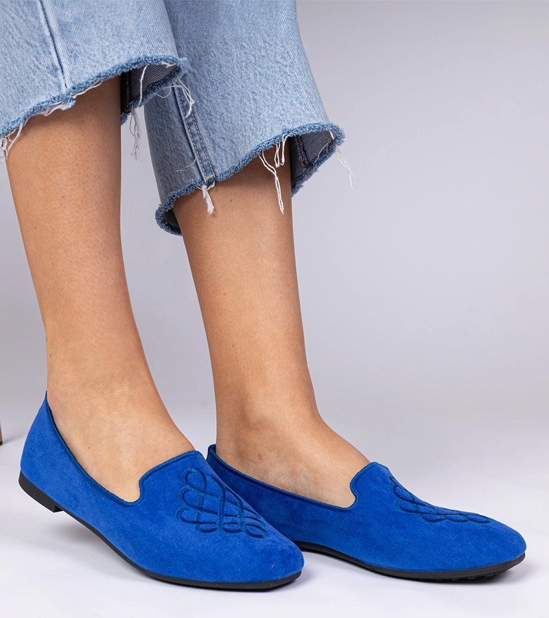 Modré dámske balerínky z ekosemišu s výšivkou Ronna