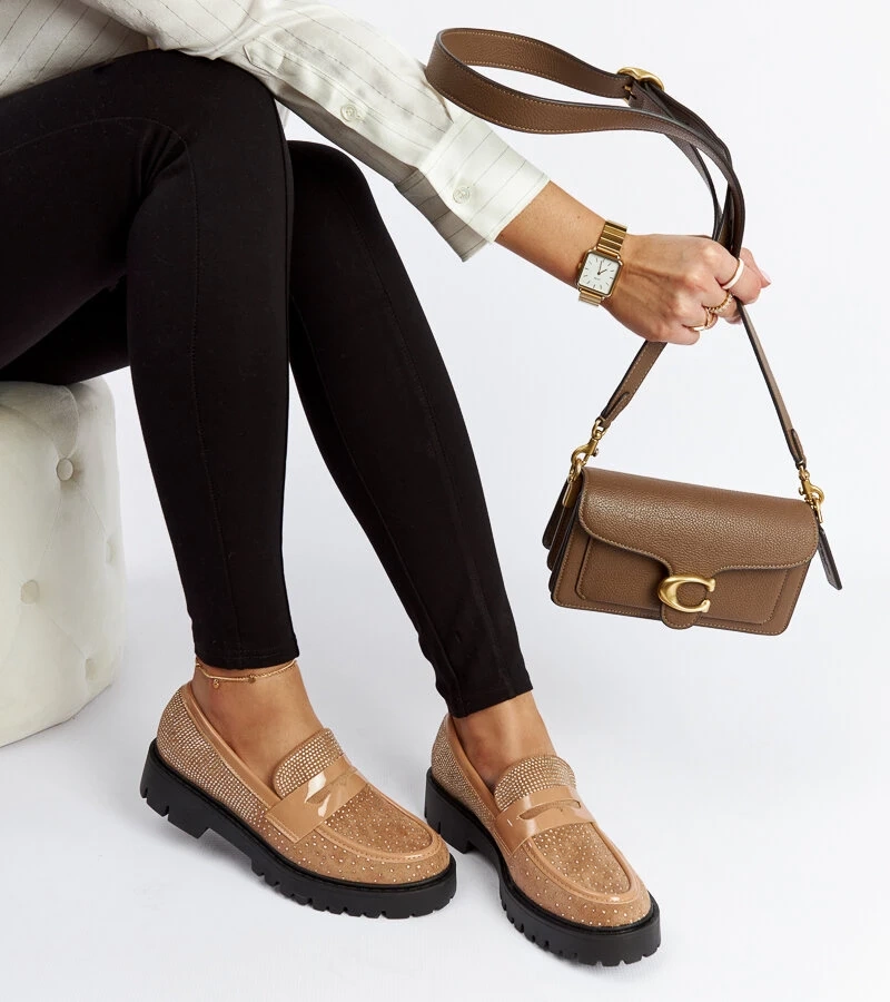 Hnedé mokasíny zdobené zirkónmi Newport