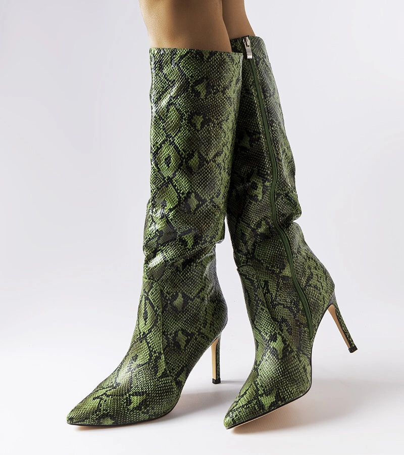 Karmínovo zelené topánky na podpätku z hadej kože