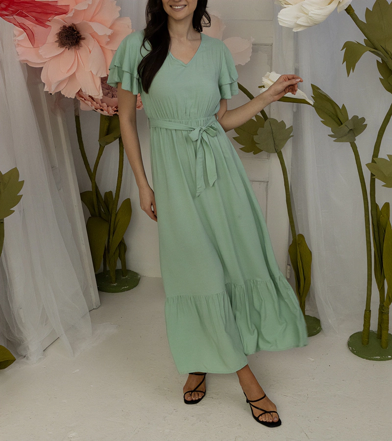 Zelené maxi šaty s krátkym rukávom Akina