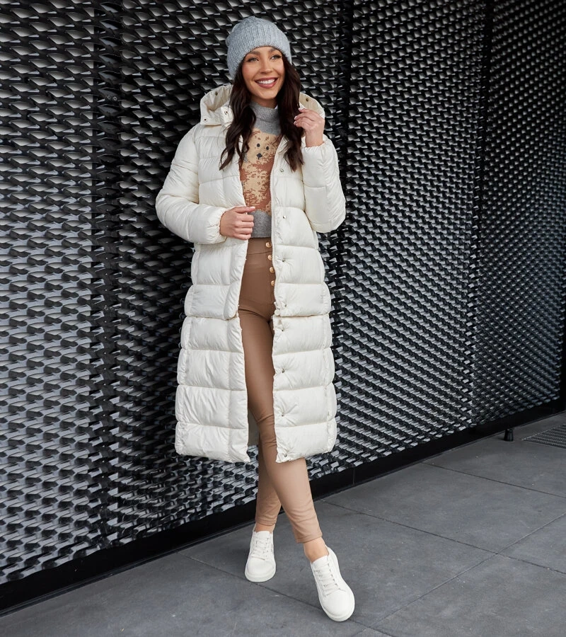 Krémový dlhý kabát s odnímateľnou kapucňou Fela MV-892/11 CREAM