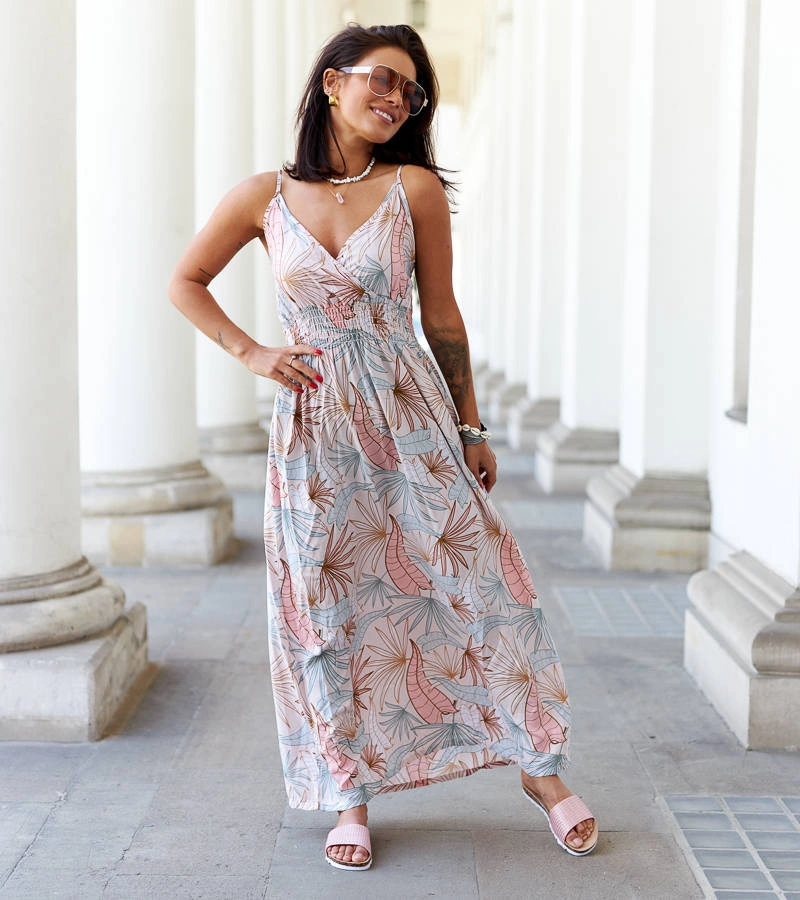 Béžové vzorované maxi šaty značky Muzio