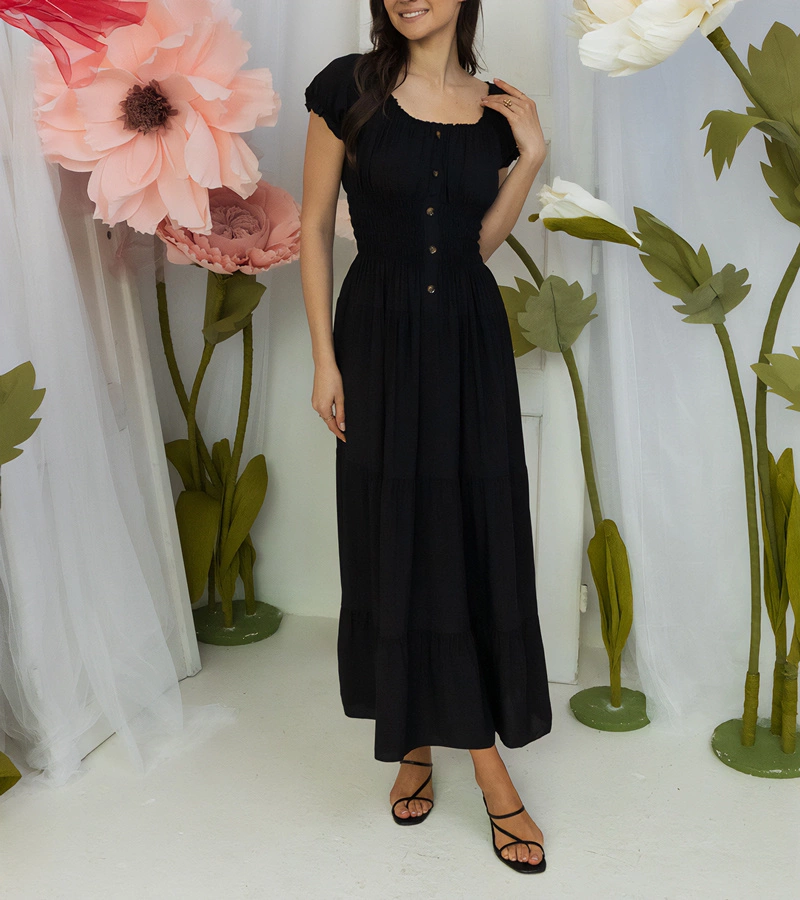 Čierna maxi šaty s krátkym rukávom Cinaglia