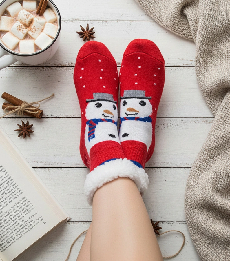 Červené zateplené ponožky so snehuliakom Challim