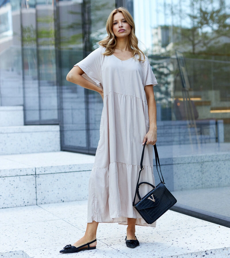 Hnedá maxi šaty vo voľnom strihu Mamelia