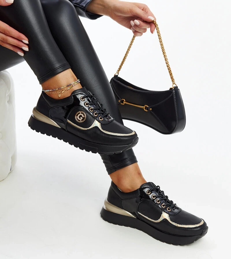 Čierne kožené tenisky na platforme Huduna