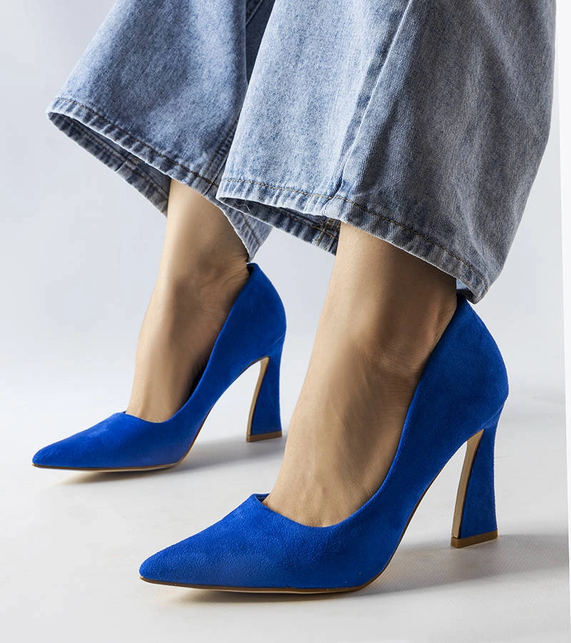 Modré asymetrické lodičky na podpätku Linda